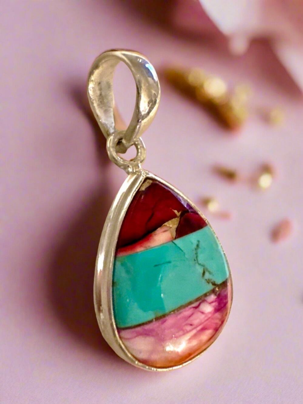 Red Rose Dahlia & Kingman Turquoise Teardrop Pear Shape Pendant 925